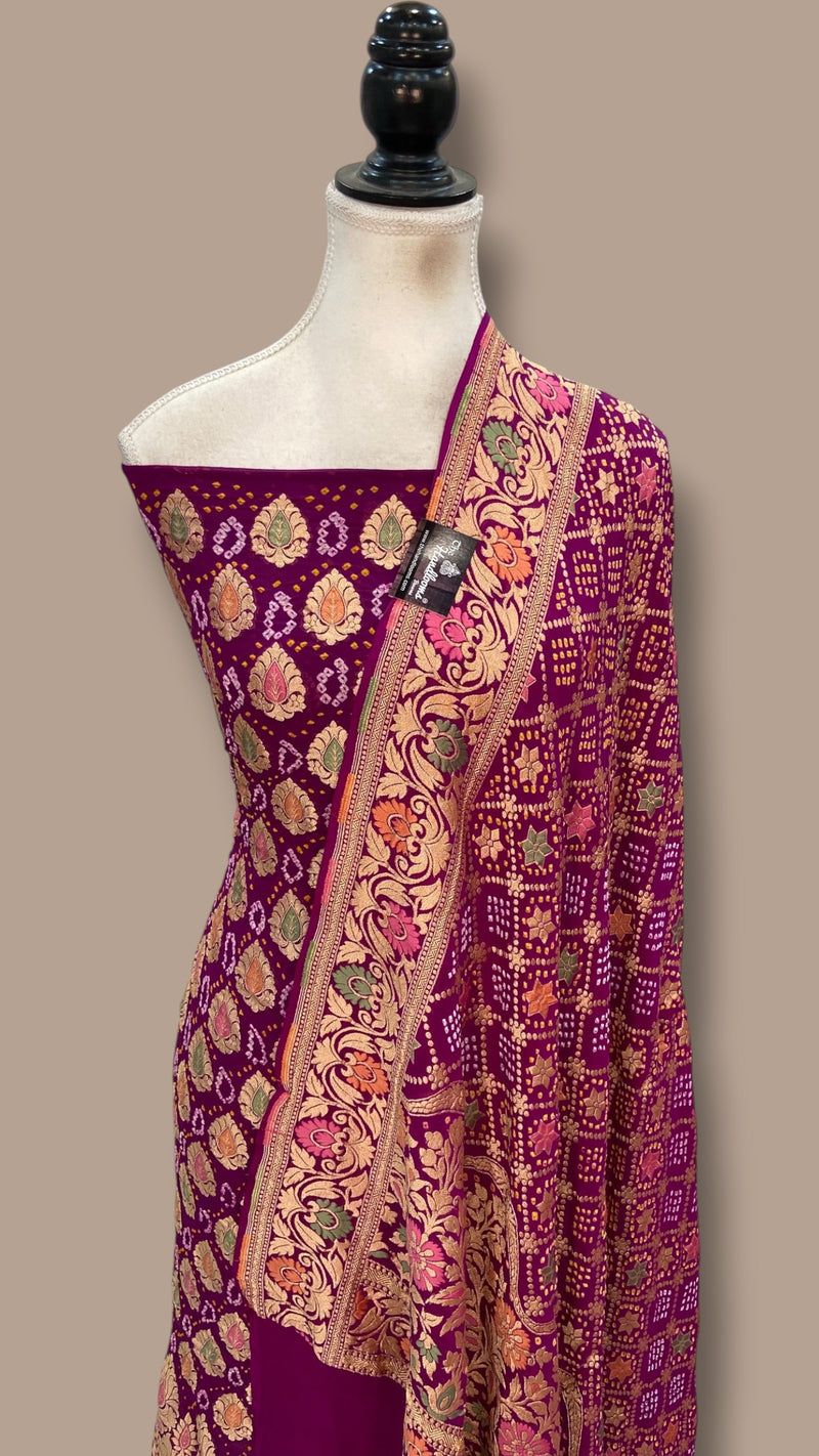 Pure Khaddi Georgette Bandhej Banarasi Dress Material - The Handlooms