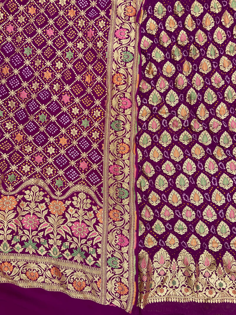 Pure Khaddi Georgette Bandhej Banarasi Dress Material - The Handlooms