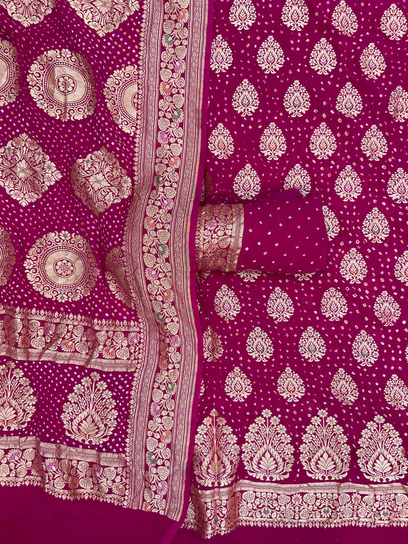 Pure Khaddi Georgette Bandhej Banarasi Dress material - The Handlooms