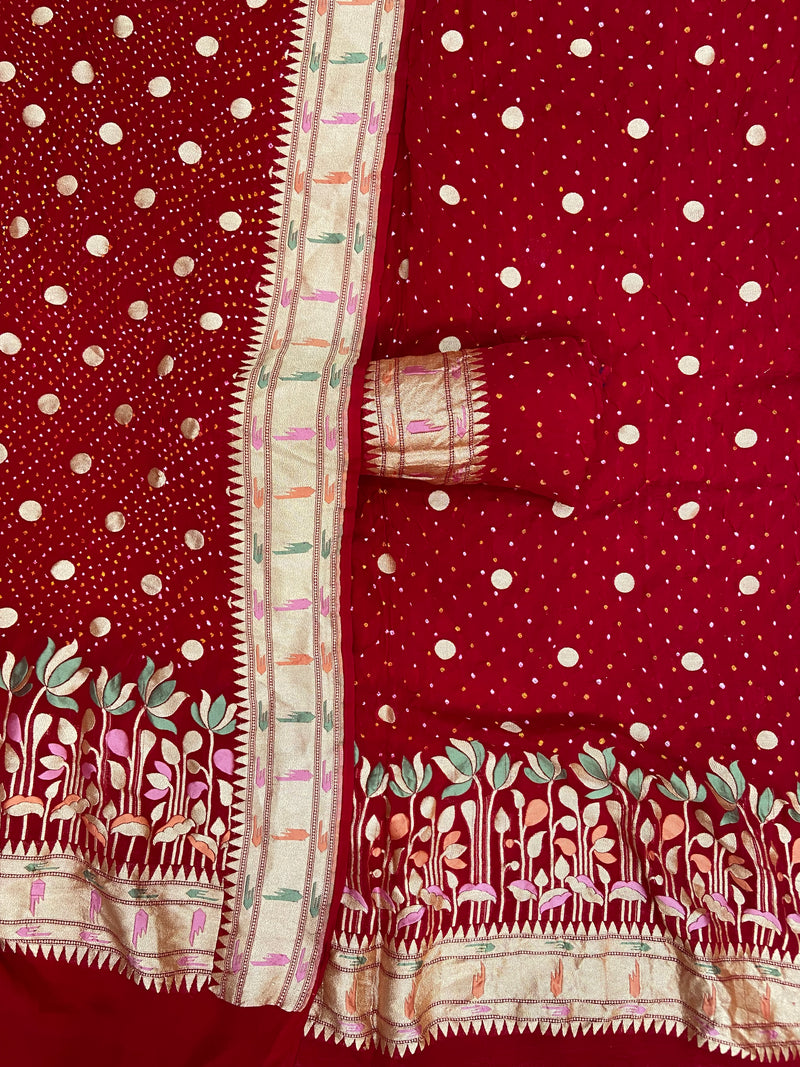 Pure Khaddi Georgette Bandhej Banarasi Dress Material - The Handlooms