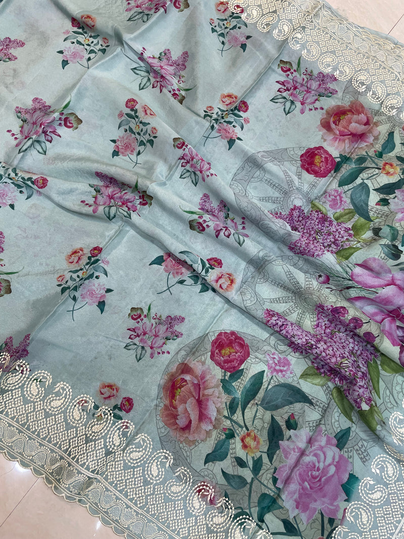 Pure Georgette Chikankari With Digital Print Handloom Banarasi Saree - The Handlooms