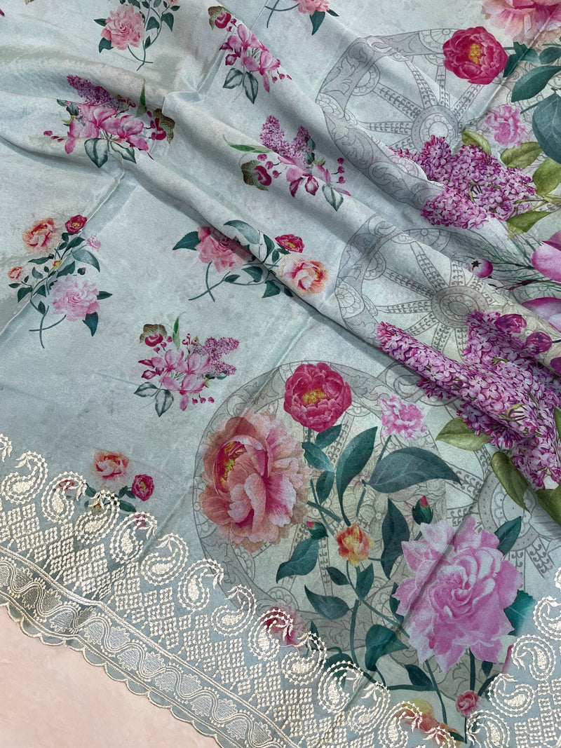 Pure Georgette Chikankari With Digital Print Handloom Banarasi Saree - The Handlooms