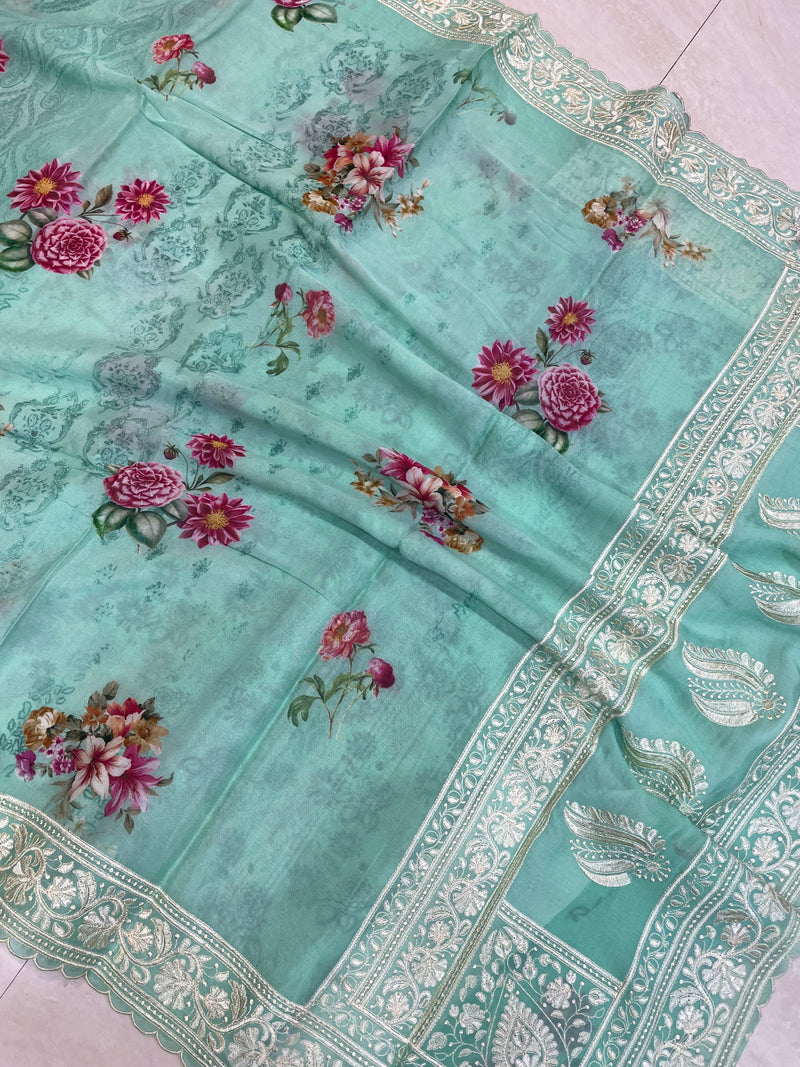 Pure Georgette Chikankari With Digital Print Handloom Banarasi Saree - The Handlooms
