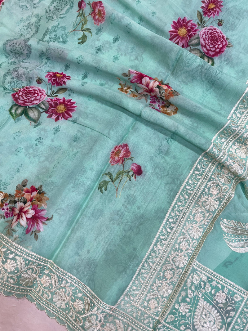 Pure Georgette Chikankari With Digital Print Handloom Banarasi Saree - The Handlooms
