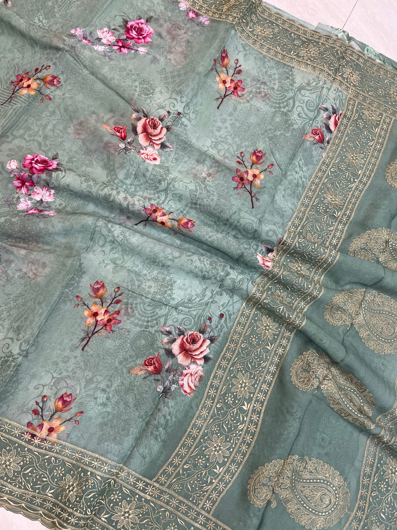 Pure Georgette Chikankari With Digital Print Handloom Banarasi Saree - The Handlooms