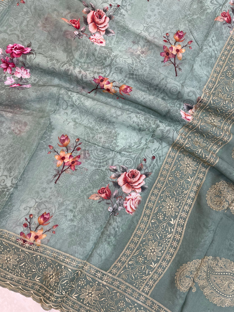 Pure Georgette Chikankari With Digital Print Handloom Banarasi Saree - The Handlooms