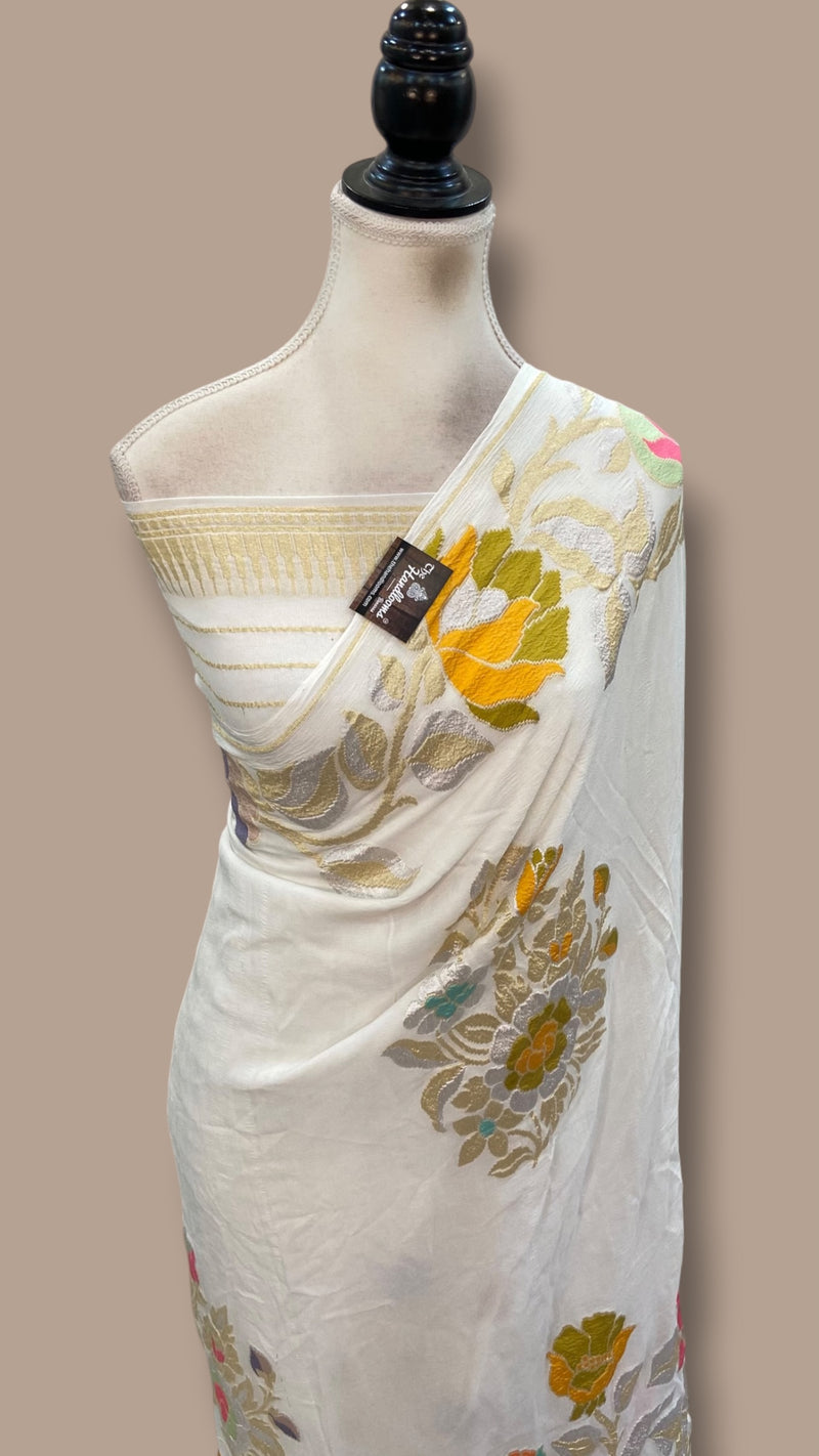 White Pure Khaddi Georgette Handloom Banarasi Saree - All Over Floral Meenakari Jaal Work