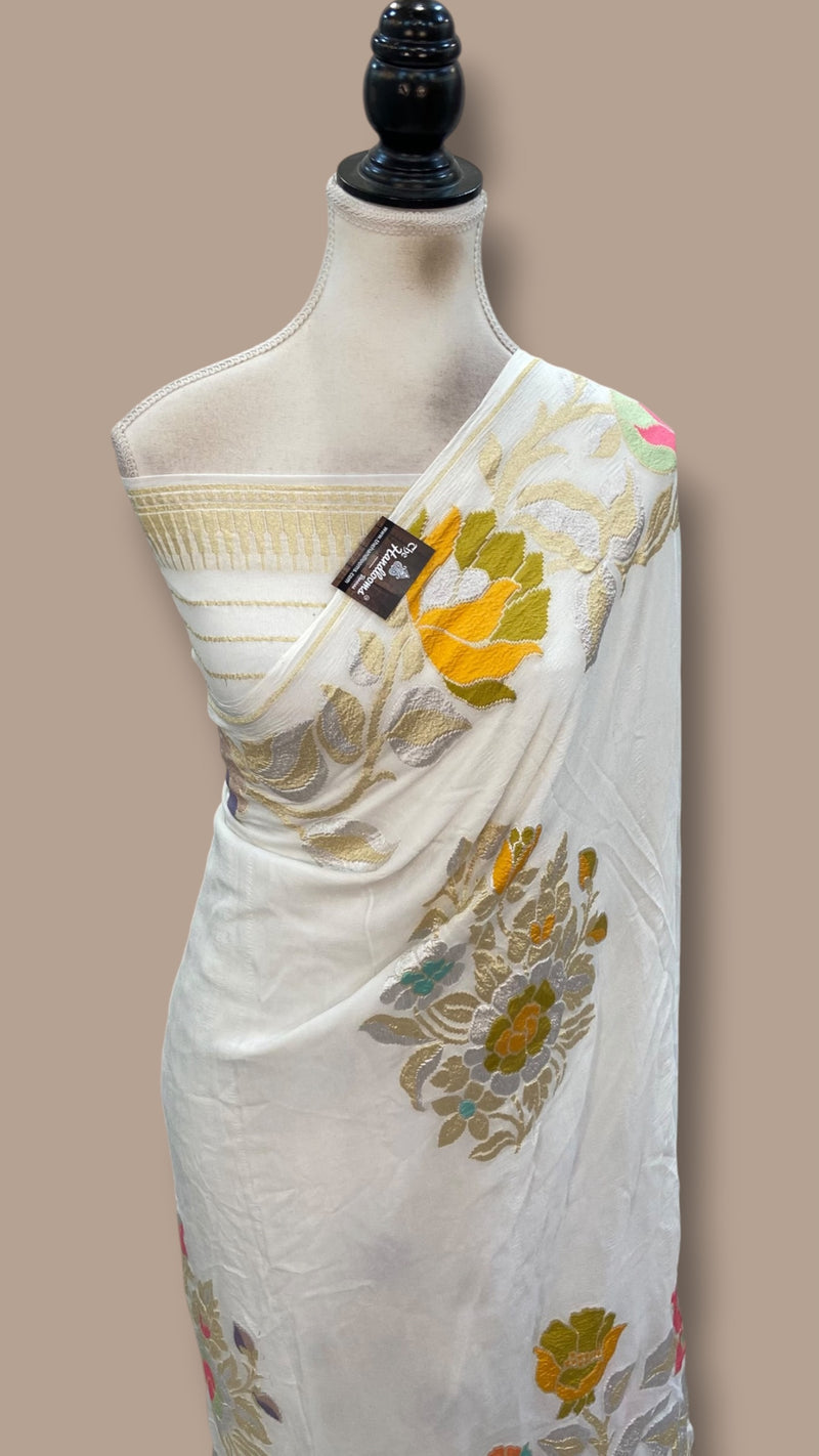 White Pure Khaddi Georgette Handloom Banarasi Saree - All Over Floral Meenakari Jaal Work