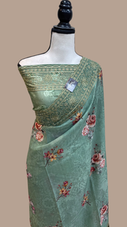 Pure Georgette Chikankari With Digital Print Handloom Banarasi Saree - The Handlooms