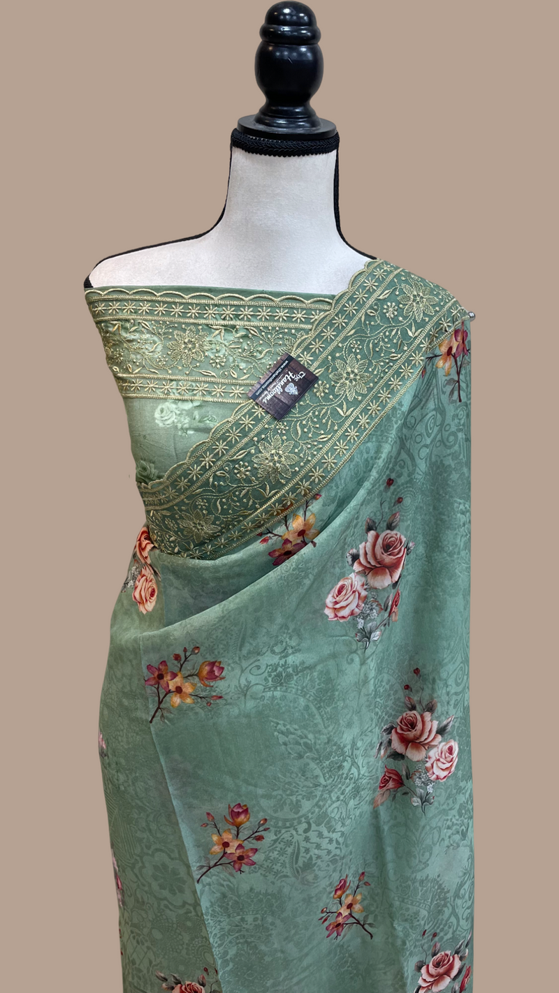 Pure Georgette Chikankari With Digital Print Handloom Banarasi Saree - The Handlooms