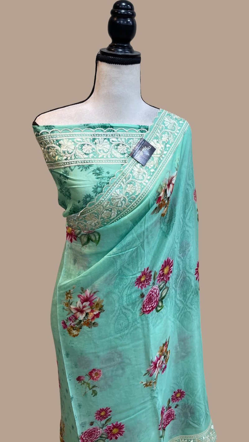 Pure Georgette Chikankari With Digital Print Handloom Banarasi Saree - The Handlooms