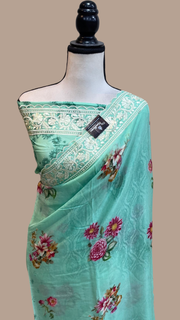 Pure Georgette Chikankari With Digital Print Handloom Banarasi Saree - The Handlooms