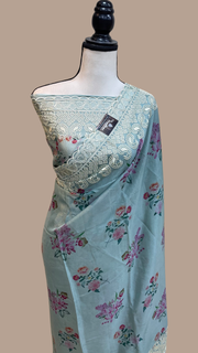 Pure Georgette Chikankari With Digital Print Handloom Banarasi Saree - The Handlooms