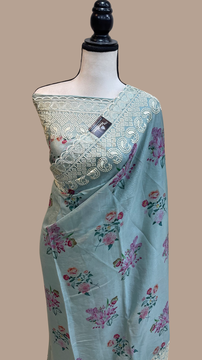 Pure Georgette Chikankari With Digital Print Handloom Banarasi Saree - The Handlooms