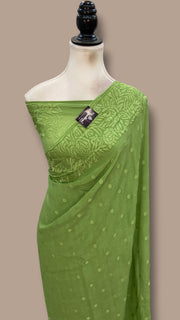 Green Pure Georgette Chikankari Handloom Banarasi Saree - The Handlooms