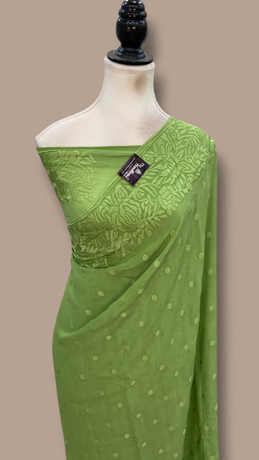 Green Pure Georgette Chikankari Handloom Banarasi Saree - The Handlooms
