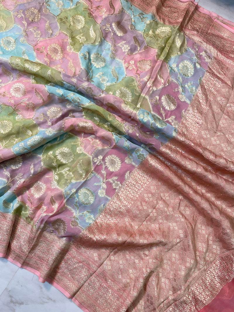 Multi Shaded Peach Khaddi Georgette Handloom Banarasi Saree - The Handlooms