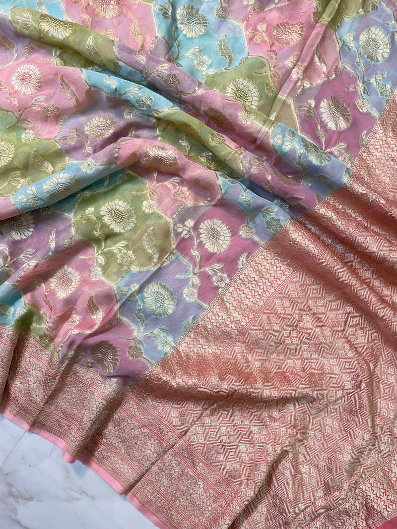 Multi Shaded Peach Khaddi Georgette Handloom Banarasi Saree - The Handlooms