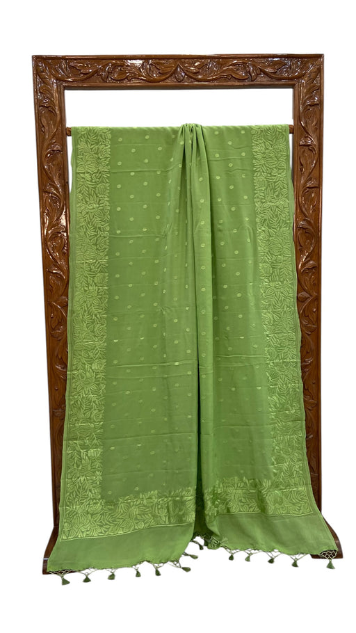 Green Pure Georgette Chikankari Handloom Banarasi Saree - The Handlooms