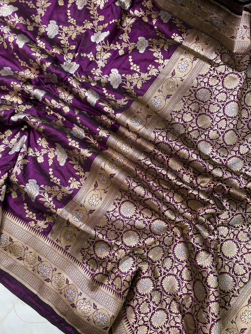 Pure Katan Silk Banarasi Handloom Saree - All over Sona Roopa Jaal work - The Handlooms