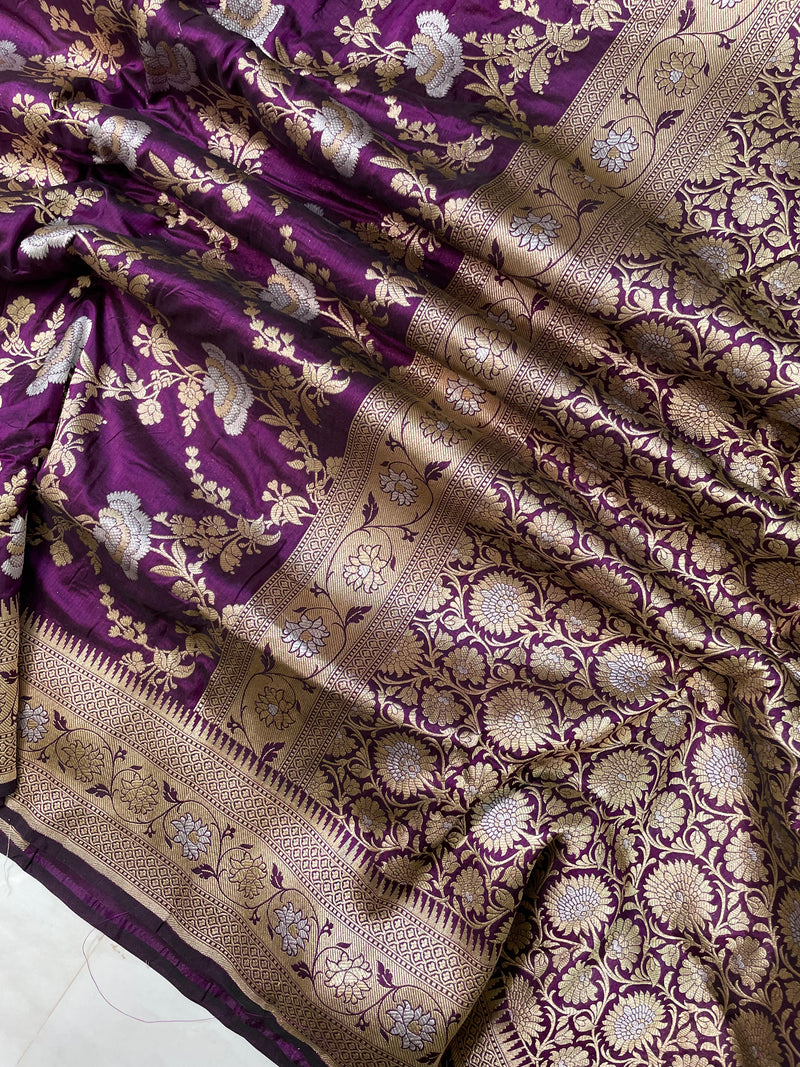 Pure Katan Silk Banarasi Handloom Saree - All over Sona Roopa Jaal work - The Handlooms