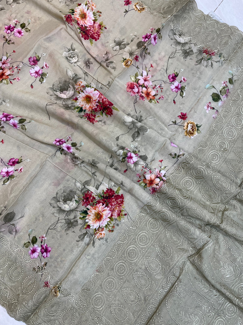 Pure Georgette Chikankari With Digital Print Handloom Banarasi Saree - The Handlooms