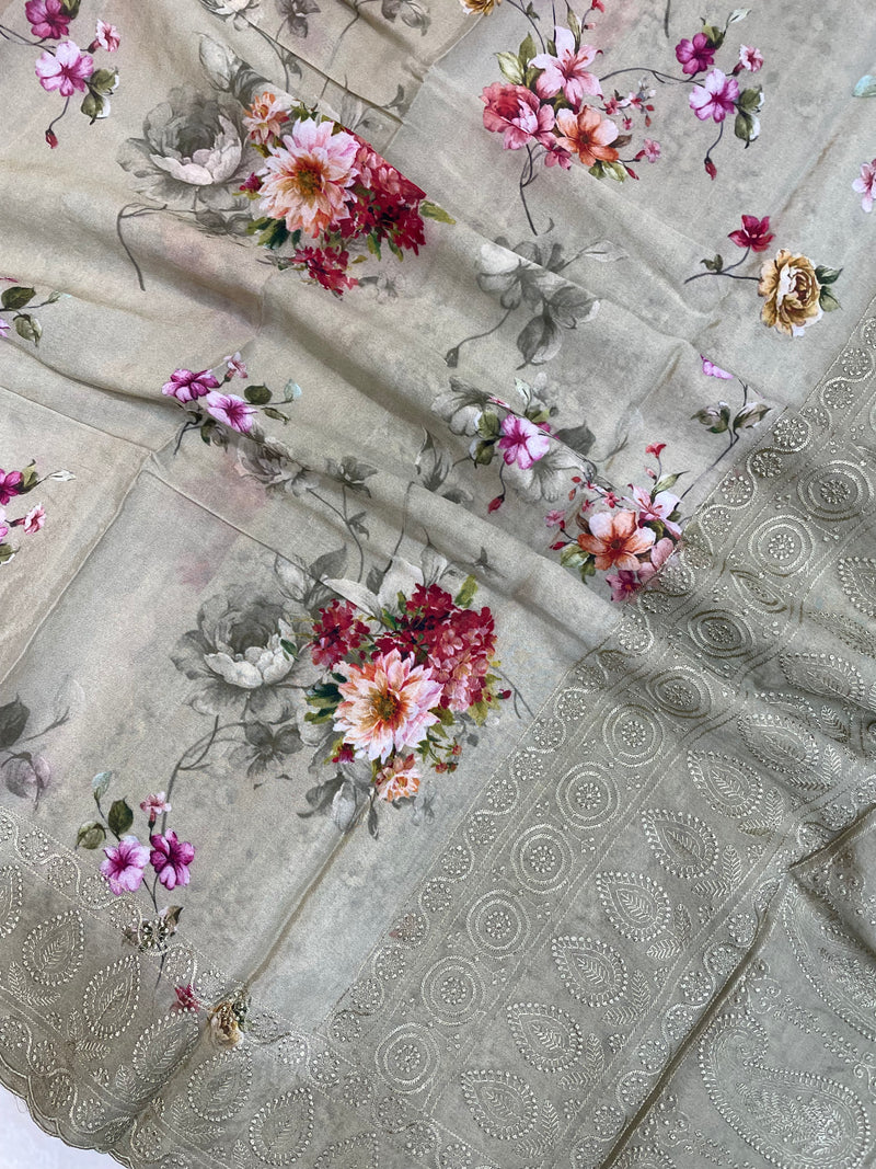 Pure Georgette Chikankari With Digital Print Handloom Banarasi Saree - The Handlooms