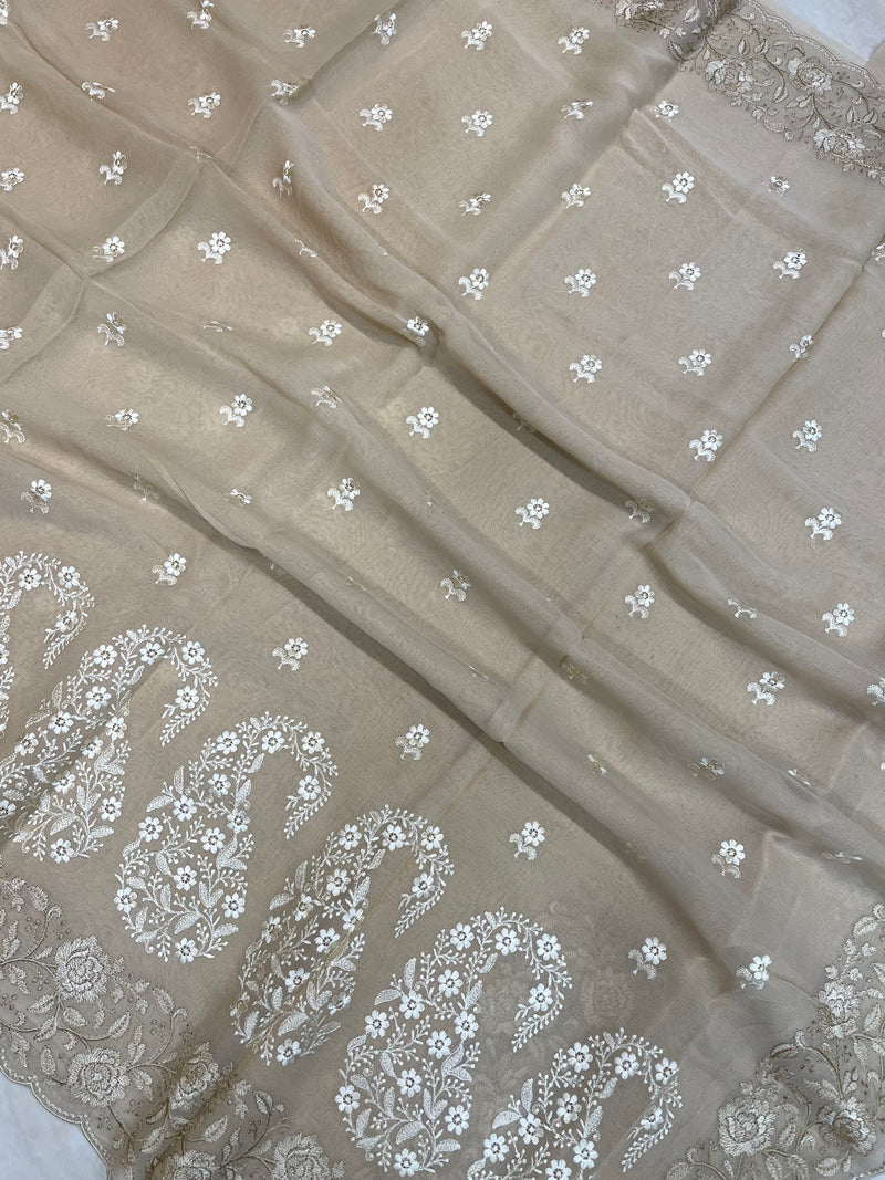 Pure Georgette Chikankari Handloom Banarasi Saree - The Handlooms