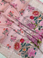 Pure Georgette Chikankari With Digital Print Handloom Banarasi Saree - The Handlooms