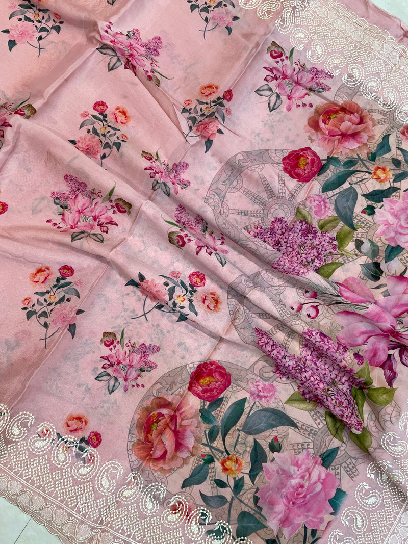 Pure Georgette Chikankari With Digital Print Handloom Banarasi Saree - The Handlooms