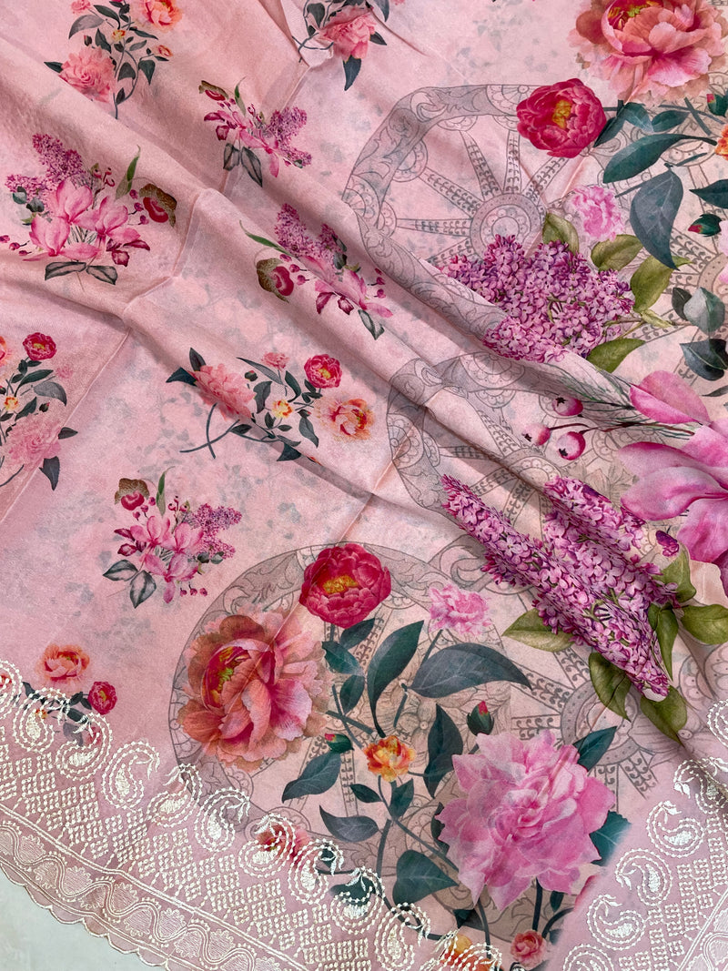 Pure Georgette Chikankari With Digital Print Handloom Banarasi Saree - The Handlooms