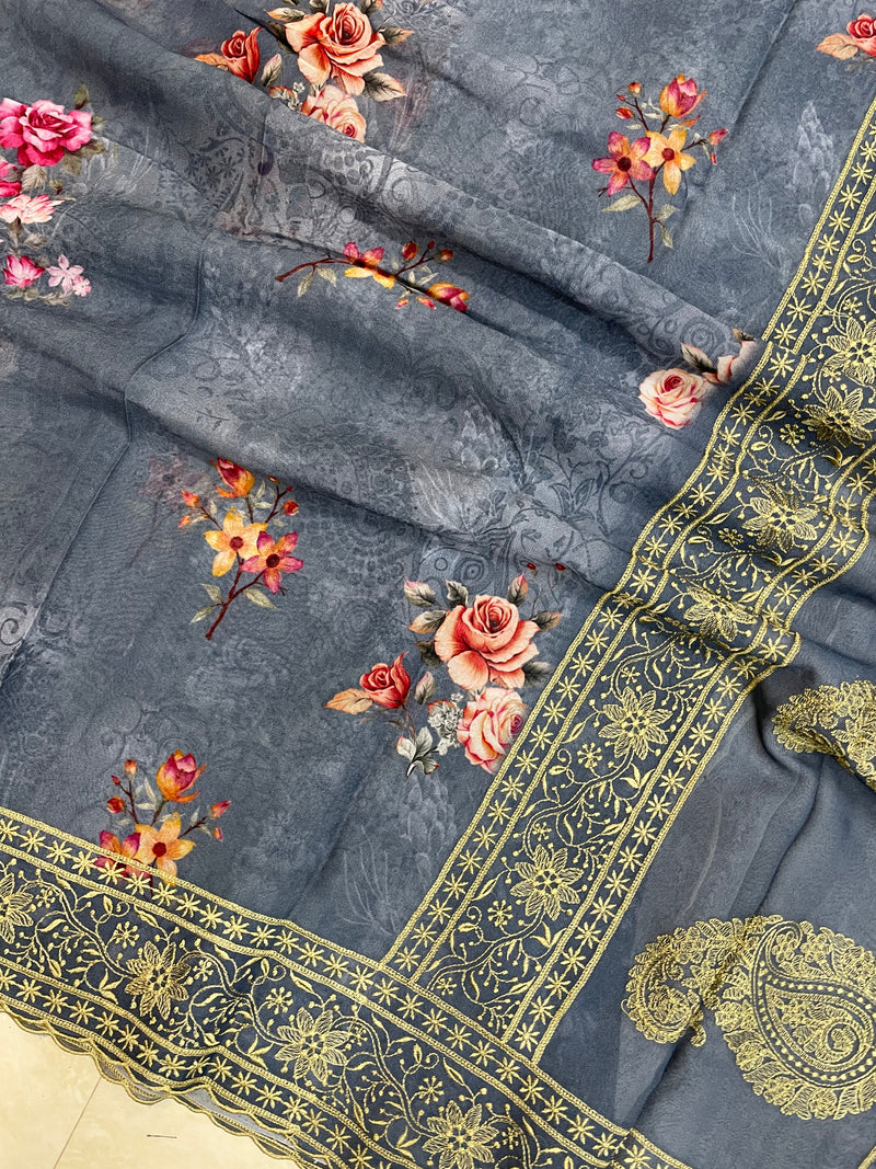 Pure Georgette Chikankari With Digital Print Handloom Banarasi Saree - The Handlooms
