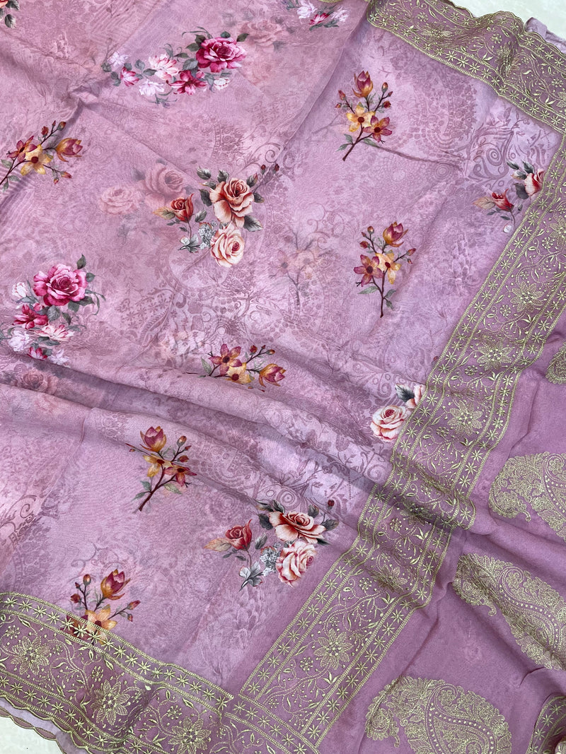 Pure Georgette Chikankari With Digital Print Handloom Banarasi Saree - The Handlooms