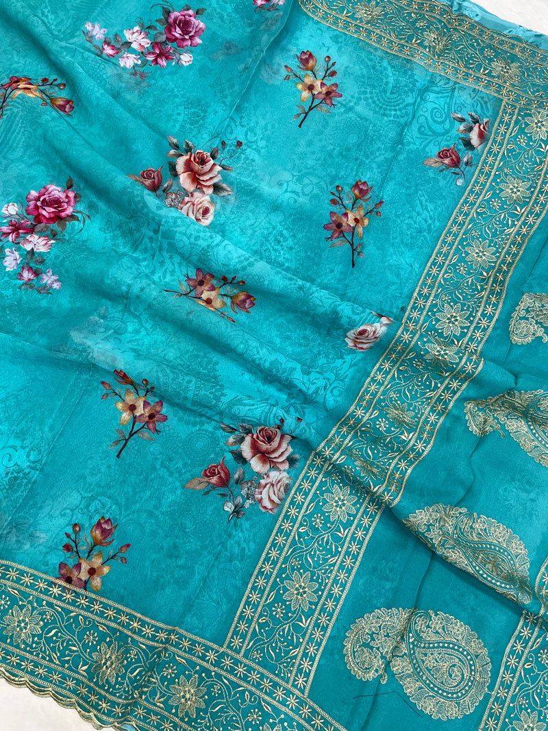 Pure Georgette Chikankari With Digital printHandloom Banarasi Saree - The Handlooms