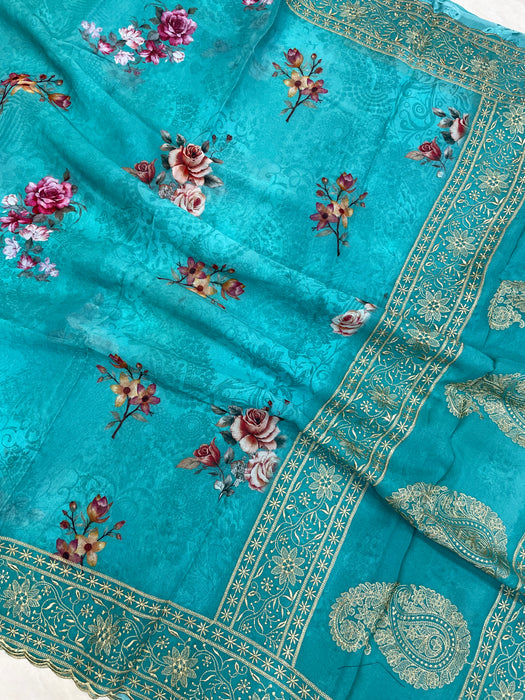 Pure Georgette Chikankari With Digital printHandloom Banarasi Saree - The Handlooms