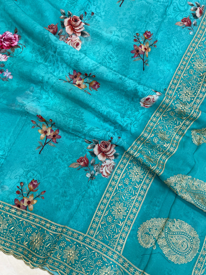 Pure Georgette Chikankari With Digital printHandloom Banarasi Saree - The Handlooms