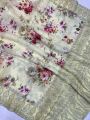 Pure Georgette Chikankari With Digital Print Handloom Banarasi Saree - The Handlooms