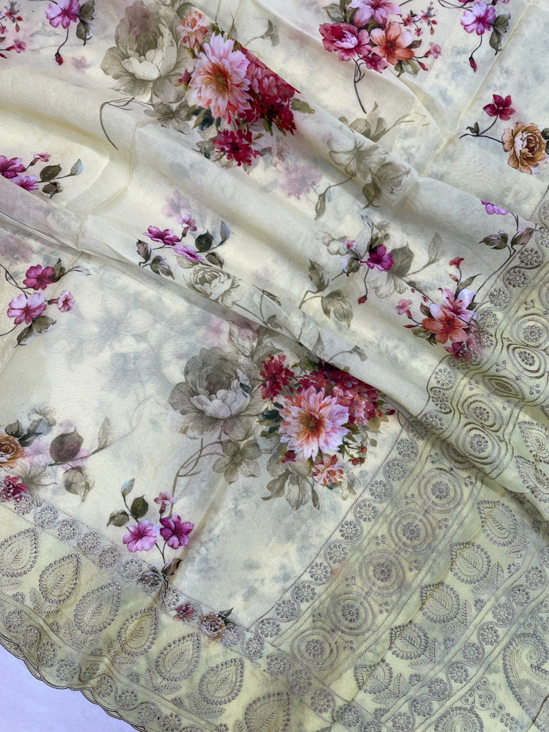 Pure Georgette Chikankari With Digital Print Handloom Banarasi Saree - The Handlooms