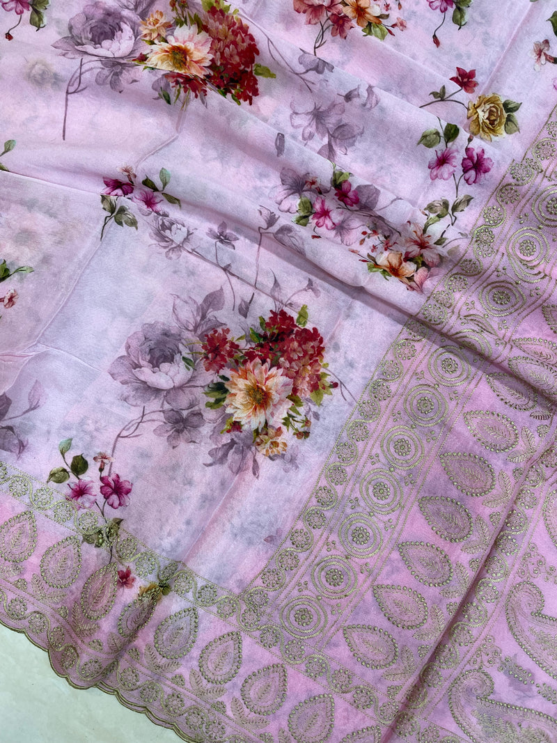 Pure Georgette Chikankari With Digital Print Handloom Banarasi Saree - The Handlooms