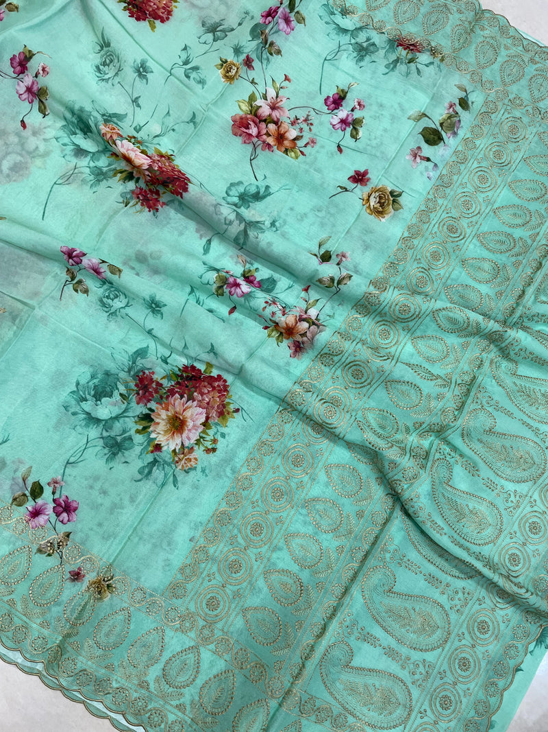 Pure Georgette Chikankari With Digital Print Handloom Banarasi Saree - The Handlooms