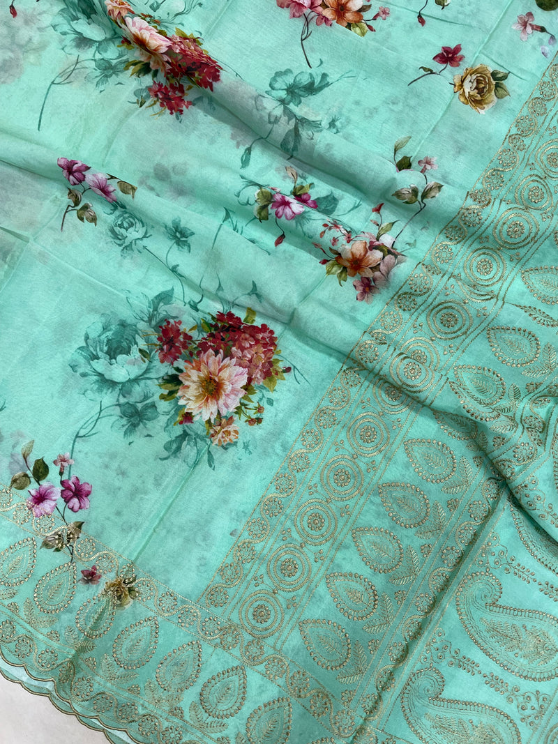 Pure Georgette Chikankari With Digital Print Handloom Banarasi Saree - The Handlooms