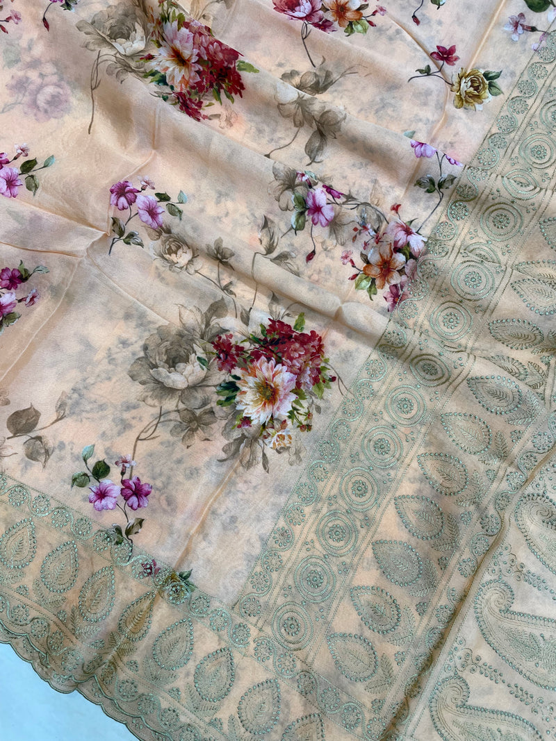 Pure Georgette Chikankari  With Digital Print Handloom Banarasi Saree - The Handlooms