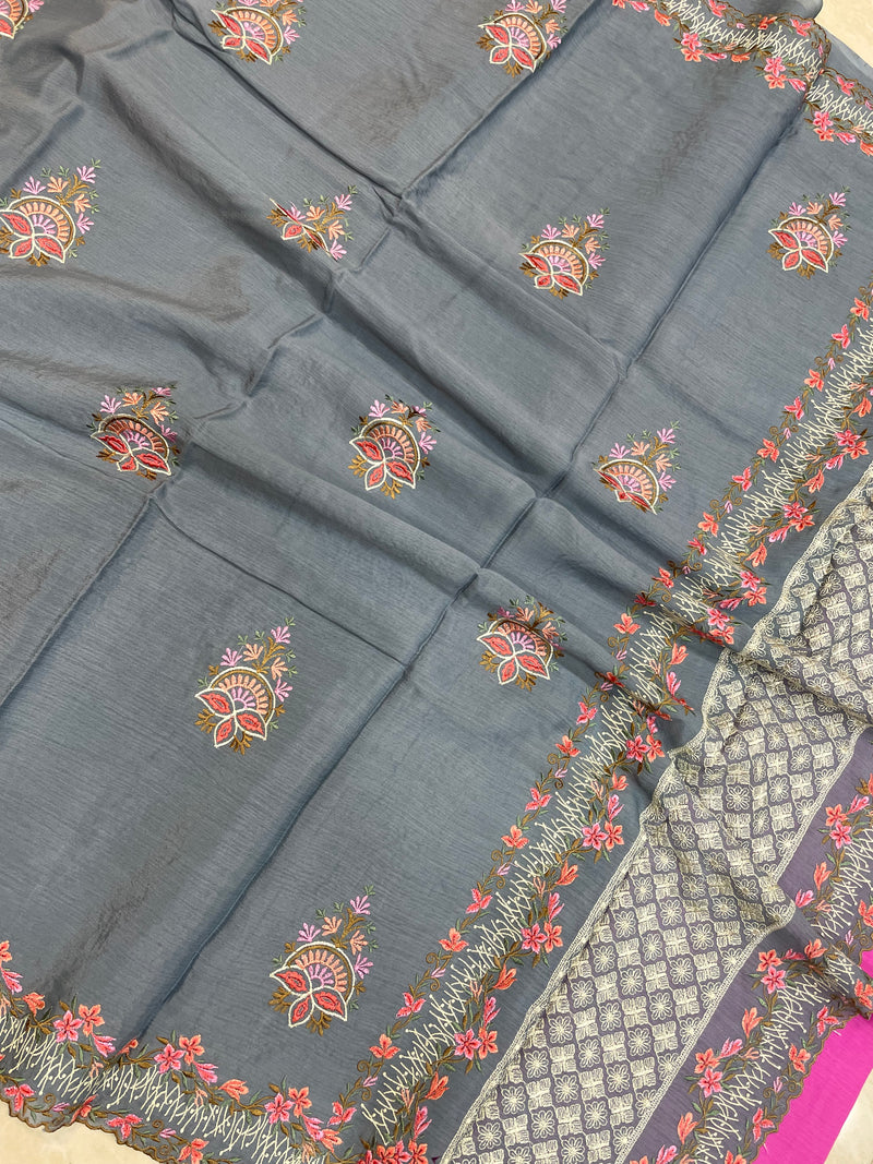 Pure Georgette Chikankari Handloom Banarasi Saree - The Handlooms