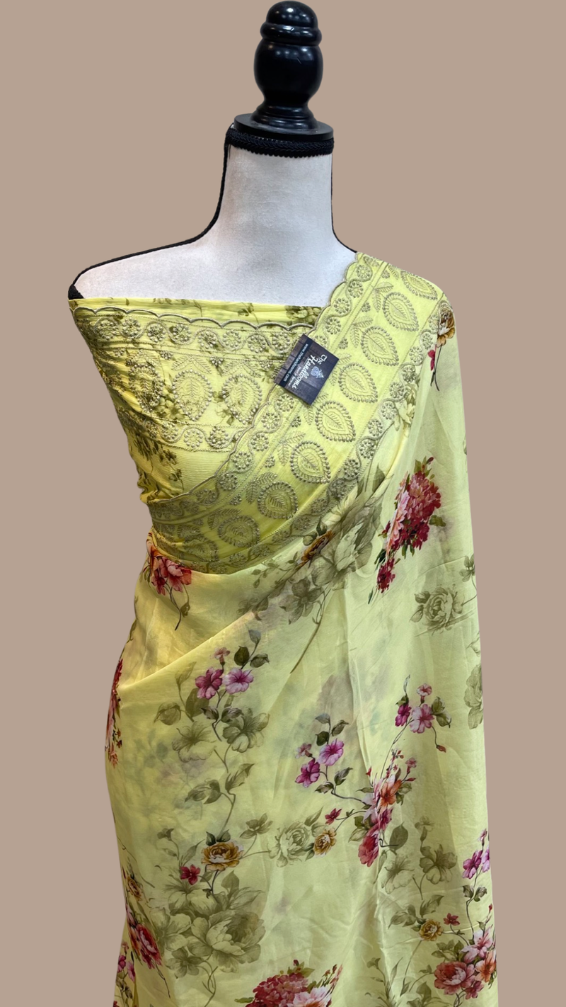 Pure Georgette Chikankari With Digital Print Handloom Banarasi Saree - The Handlooms