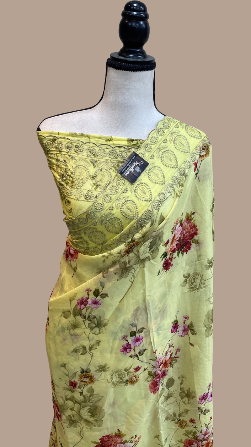 Pure Georgette Chikankari With Digital Print Handloom Banarasi Saree - The Handlooms
