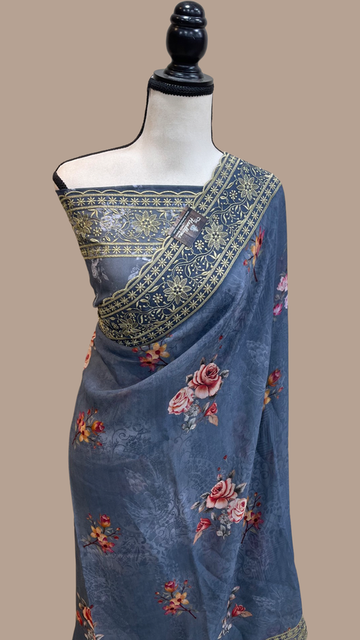Pure Georgette Chikankari With Digital Print Handloom Banarasi Saree - The Handlooms
