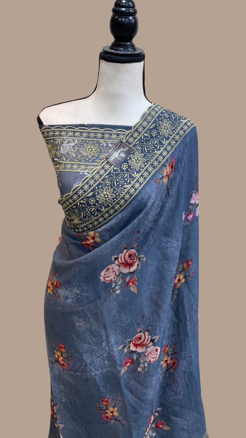 Pure Georgette Chikankari With Digital Print Handloom Banarasi Saree - The Handlooms
