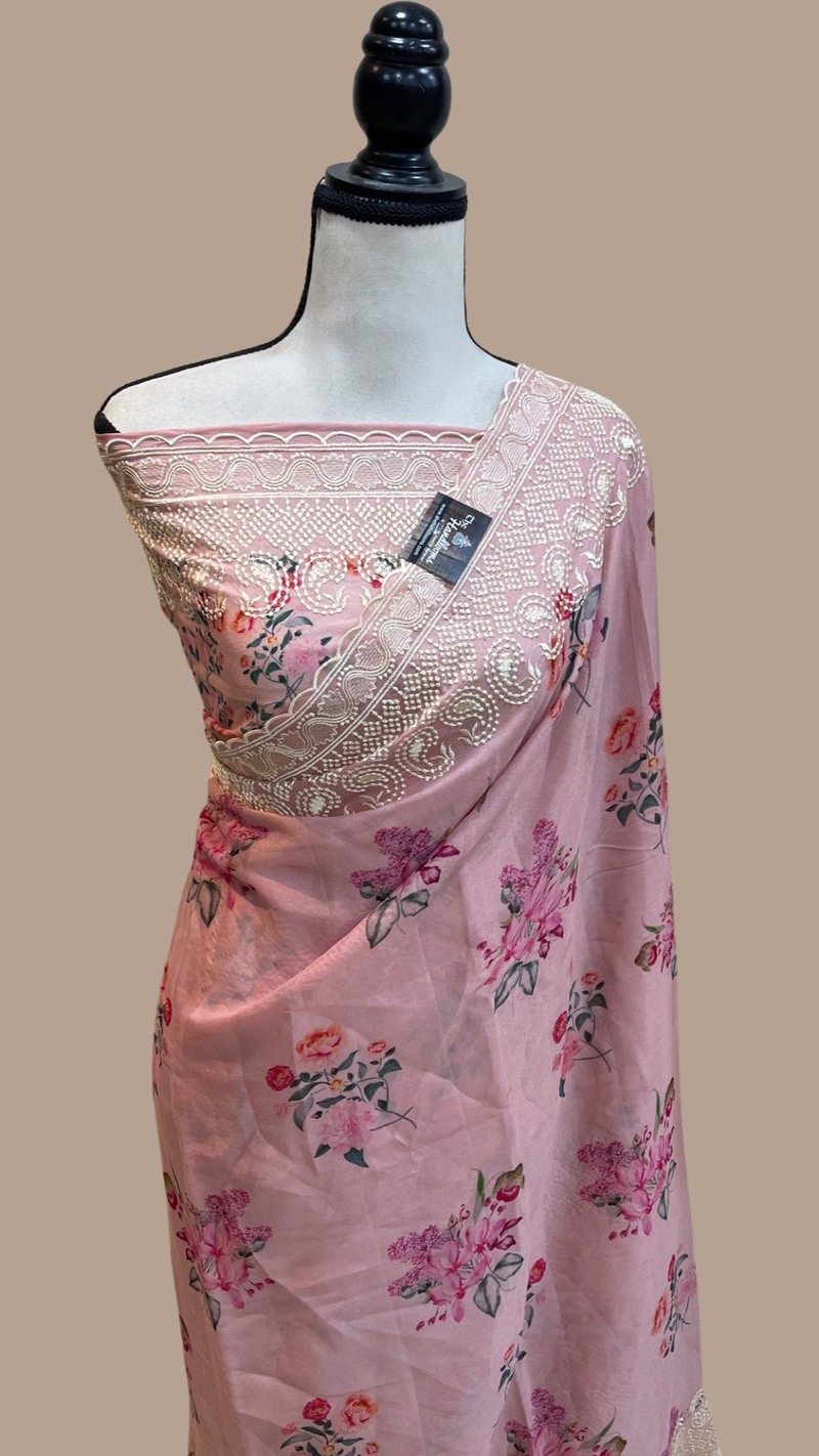 Pure Georgette Chikankari With Digital Print Handloom Banarasi Saree - The Handlooms