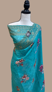 Pure Georgette Chikankari With Digital printHandloom Banarasi Saree - The Handlooms