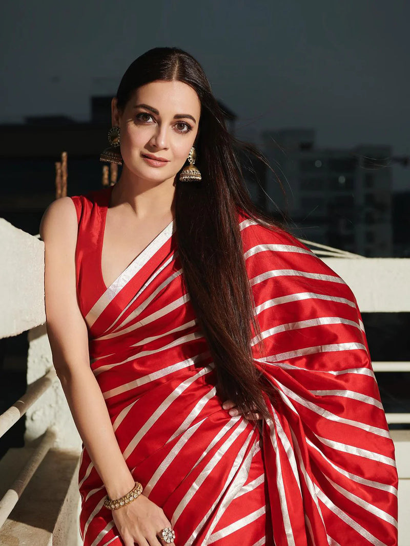 Dia Mirza in Pure Katan Silk Banarasi Handloom Saree - Stripe - The Handlooms